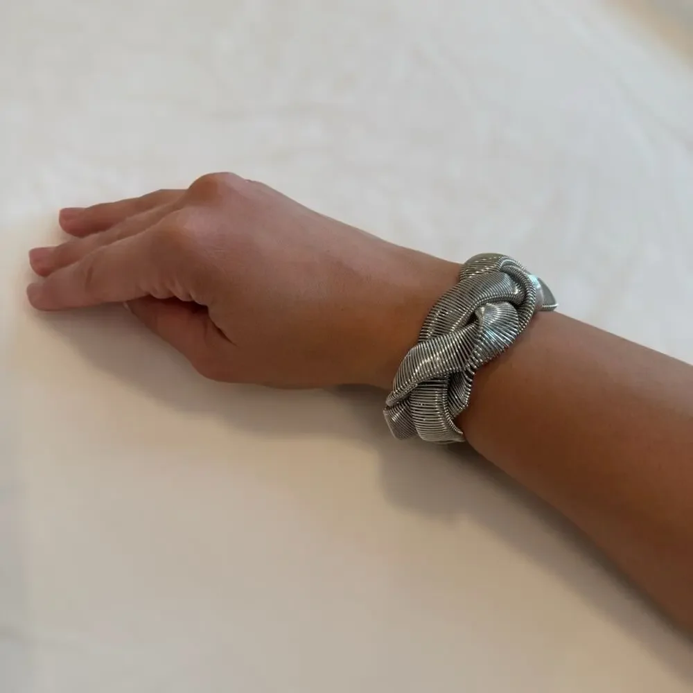 Chunky Braided Silver Coil Cuff Bracelet — Sculptural Statement Jewelry
